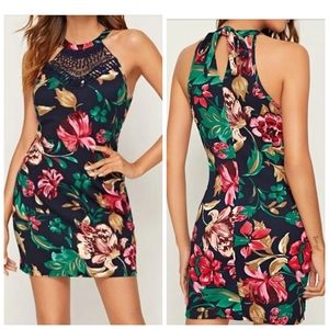 Floral Print Contrast Lace Bodycon Halter Dress